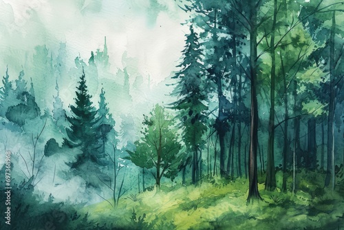 Handdrawn Watercolor Painting Of Green Forest Woods