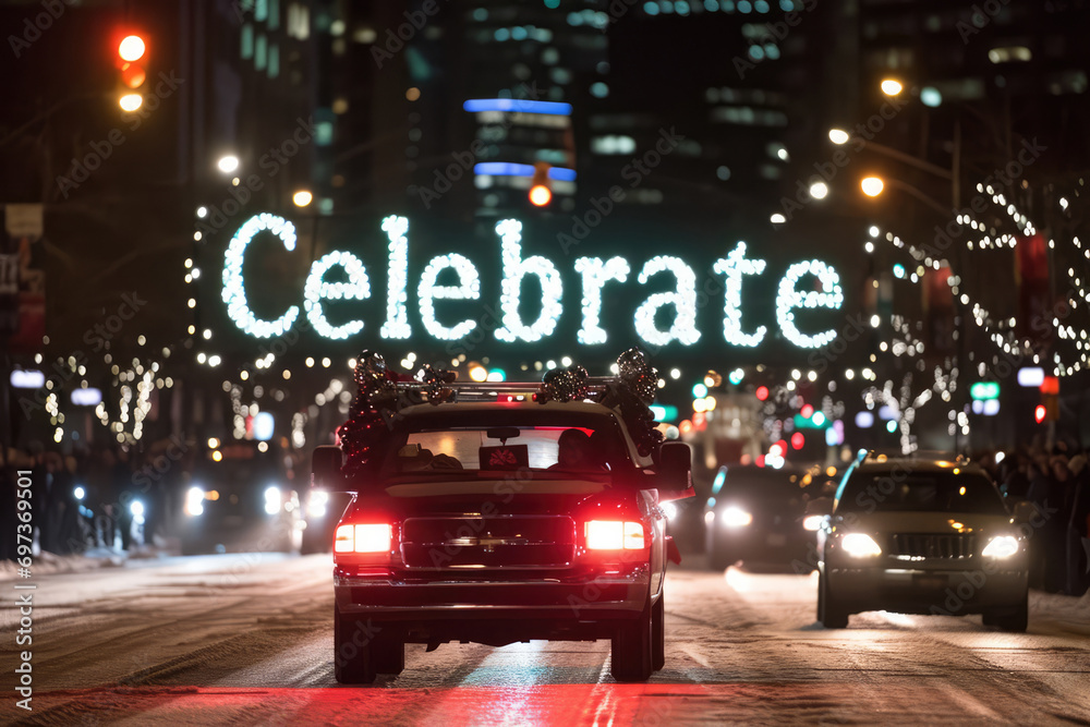 Text Celebrate In Bold Letters On Banner In Holiday Parade