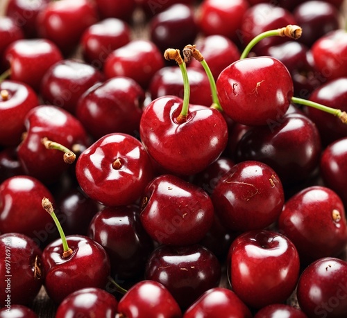 Fresh cherries on a wooden table. Top view. Copy space.
