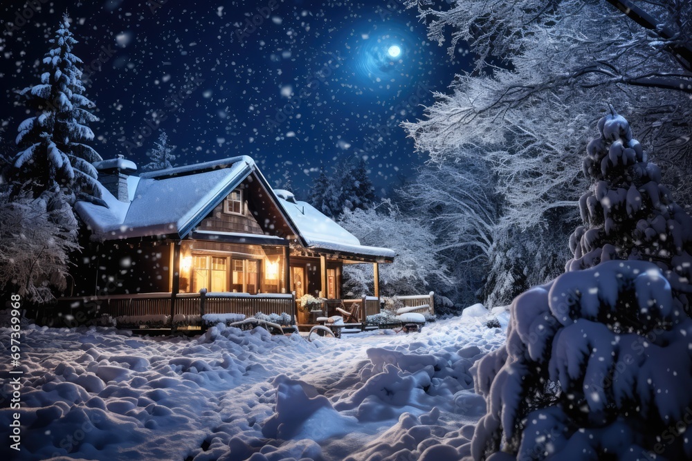 Fototapeta premium Capturing The Magic Of A Winter Wonderland: A Spectacular Nighttime Scene Of Freshly Fallen Snow Bathed In Moonlight