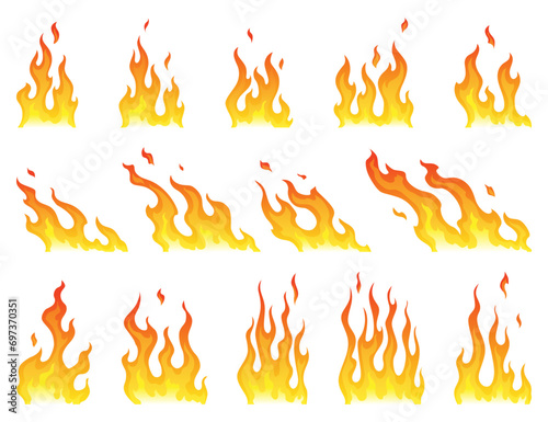 Fire flames icon set. Cartoon heat wildfire or bonfire, burn power fiery. Power light energy silhouettes. Campfire element in flat style. Isolated vector illustration