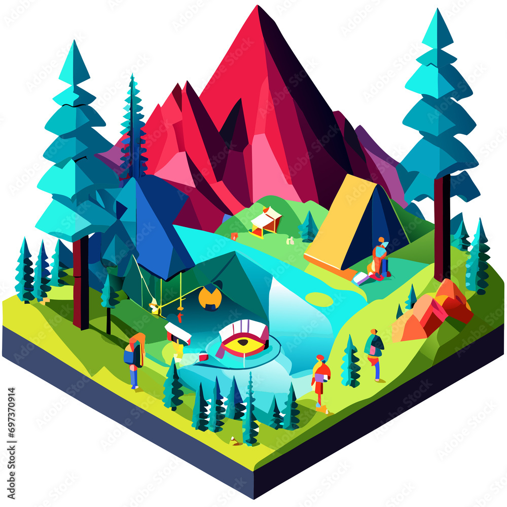 Camping in the mountains isometric concept background. Camping in the mountains isometric concept background.