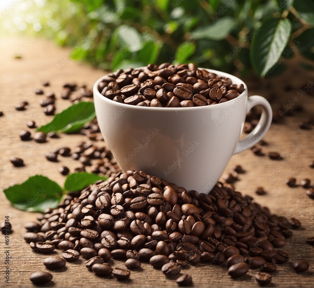 Coffee beans in a cup on a wooden background with green leaves Coffee beans in a cup on a wooden background with green leaves