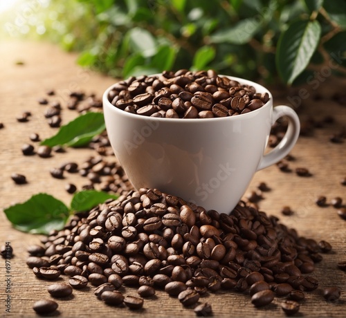 Coffee beans in a cup on a wooden background with green leaves