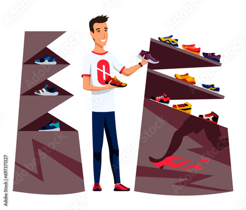 Shoe store scene. Young guy chooses new pair of running sneakers in department of sports shoes. Male consultant helps buyer with purchase. Design interior modern shop