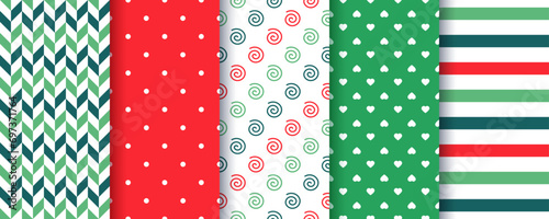 Christmas background. Xmas seamless pattern. Set new year textures. Holiday prints with polka dot, stripes, herringbone. Collection festive wrapping papers. Red green backdrop. Vector illustration