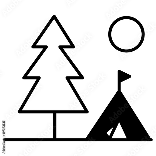 tent and tree solid glyph icon illustration