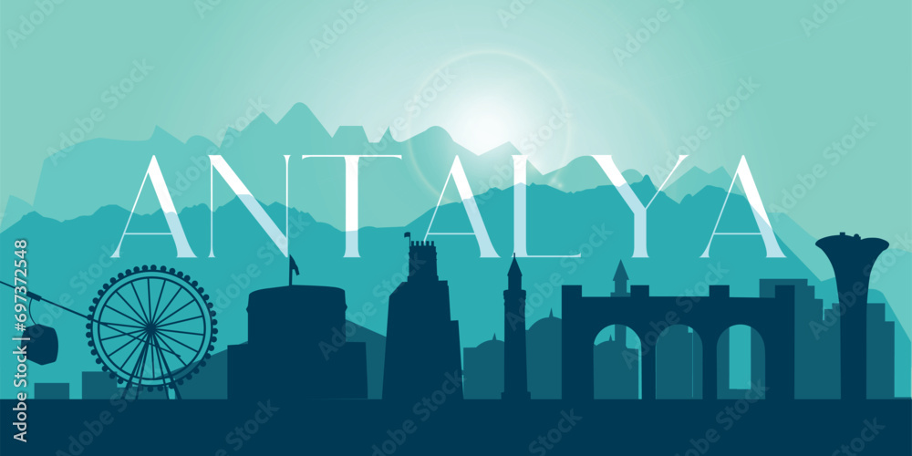 Naklejka premium Silhouette of mountains borders and attractions in Antalya city, Turkey. Green background