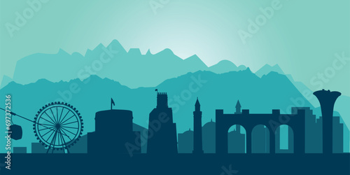 Silhouette of mountains borders and attractions in Antalya city, Turkey. Green background