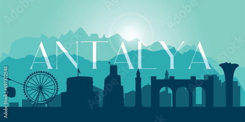 Silhouette of mountains borders and attractions in Antalya city, Turkey. Green background