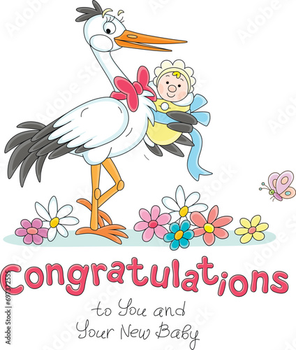 Birthday greeting card with a funny stork with a bow holding a cute newborn baby among colorful flowers, vector cartoon illustration isolated on a white background