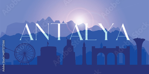 Silhouette of mountains borders and attractions in Antalya city, Turkey. Blue background