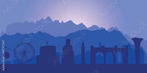 Silhouette of mountains borders and attractions in Antalya city, Turkey. Blue background