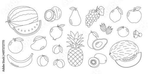 Fruits and berries outline set. Natural tropical fruits coloring page. Organic, vegetarian food. Healthy nutrition. Coloring book for print. Vector illustration isolated on white background #697372770