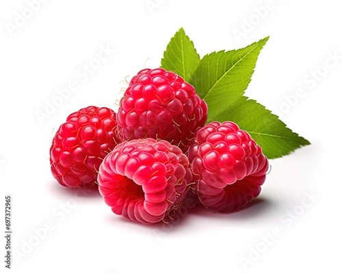 Fresh raspberries with green leaf decoration behind them photographed from close range. generative AI