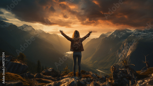 Atop the mountain peak, a victorious adventurer stands with arms outstretched looking to view © Umut