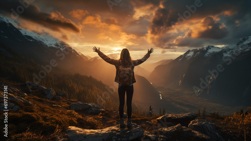 Atop the mountain peak, a victorious adventurer stands with arms outstretched looking to view © Umut
