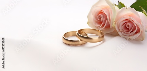 a pair of gold rings with pink roses on the side. generative AI