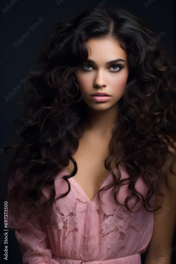 portrait of a woman with long curly hair in pink dress portrait of a woman with long curly hair in pink dress