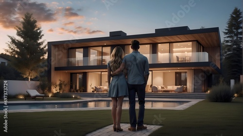 back view of a young couple standing in front of their cozy modern house  dream house concept