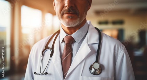 Middle-aged male doctor in white lab coat with stethoscope against the backdrop of a blurry clinic in daylight. Healthcare, medical staff concept photo
