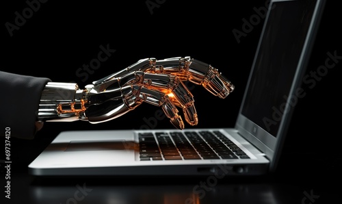 Robot hand typing on a laptop