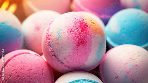 Beautiful fizzy multicolored bath bombs. Round multicolored balls for bathing and relaxation. Handmade aromatic bath bomb. photo