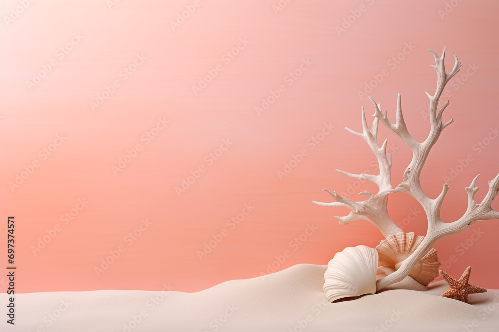 Nature, graphic resource concept. Abstract and minimalist various shapes and forms corals and seashells background with copy space. Tones image with pink color - obrazy, fototapety, plakaty 