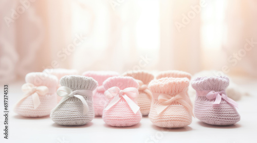 Cute warm baby knitted booties on pastel background with copy space. Baby socks for newborn babies. First steps, baby products store banner. photo
