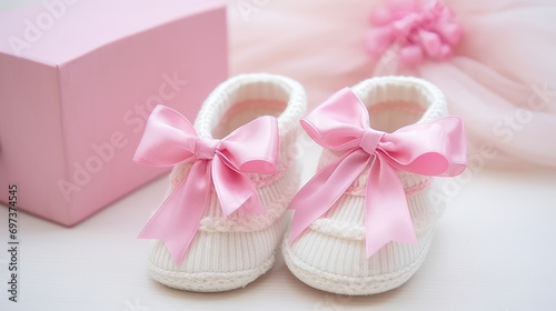 Cute warm baby knitted booties for girl on pastel background with copy space. Baby socks for newborn babies. First steps, baby products store banner.
