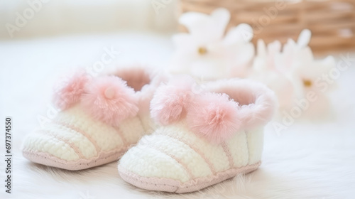 Cute warm baby knitted booties for girl on pastel background with copy space. Baby socks for newborn babies. First steps, baby products store banner. © dinastya
