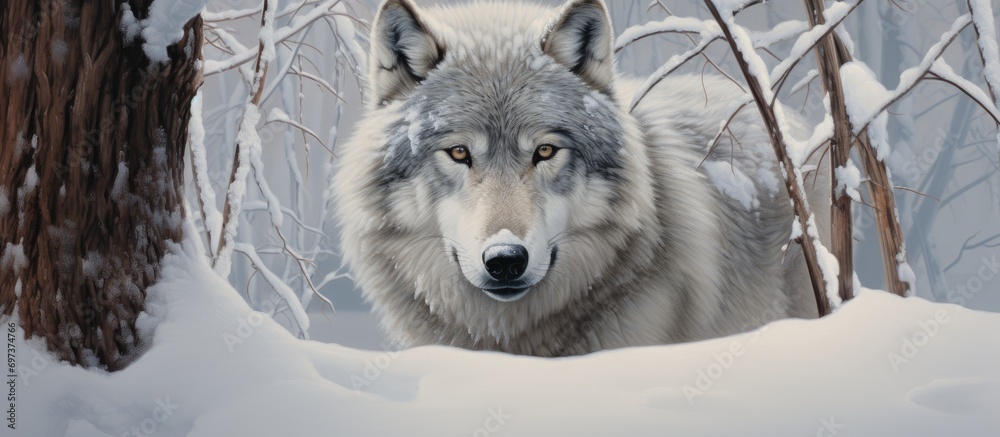 Fototapeta premium Winter captive wolf emerges forward gazing.