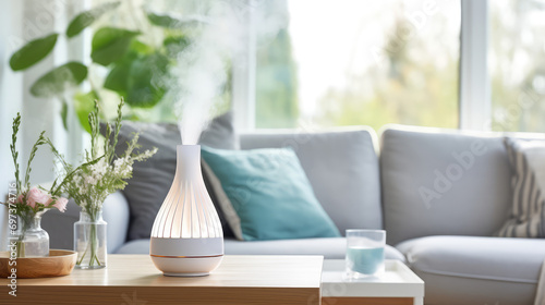 Electric aroma diffuser on table in modern minimal living room grey interior. Portable humidifier for air purification and comfort. photo