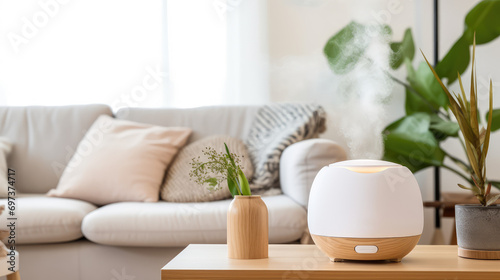 Electric aroma diffuser on table in modern minimal living room interior with plants. Portable humidifier for air purification and comfort.