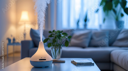 Electric aroma diffuser on table in modern minimal living room interior in the evening. Portable humidifier for air purification and comfort. photo