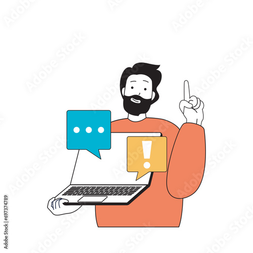 Marketing and development concept with cartoon people in flat design for web. Man chatting with clients, answering and consulting. Vector illustration for social media banner, marketing material.