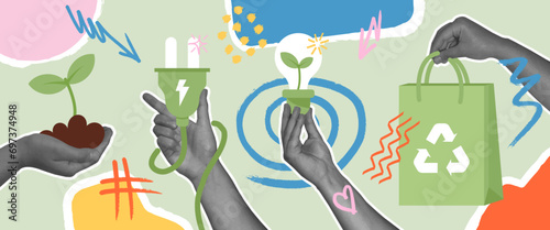 Collage art with hands holding plant  power saving lamp  and other objects as metaphor for green industry and sustainability. Different abstract shapes.Sustainable lifestyle and climate change concept
