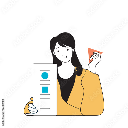 Marketing and development concept with cartoon people in flat design for web. Woman creating advertising campaign and branding product. Vector illustration for social media banner, marketing material.