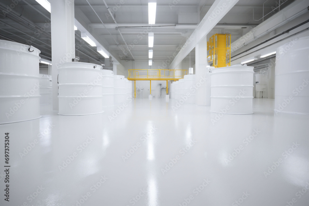 Sterile Factory Interior with White Halls, Cisterns, and Pipes, Ideal for Industries Processing Various Liquids Such as Milk, Oil, Fuel, Juice, Alcohol and Water with Copy Space. High quality photo