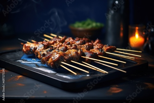 A pile of meat satay on a plate that has been grilled photo