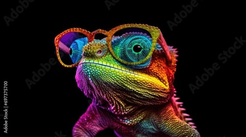 chameleon wearing sunglasses on a solid color background, vector art, digital art, faceted, minimal, abstract. 