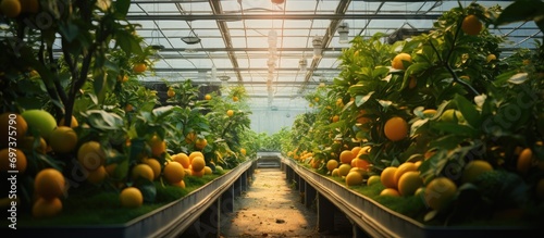 Greenhouses with growing citrus plants, including Microcitrus Australasica flowering, finger lime fruit ripening, and tasty citrus caviar. Indoor cultivation with focus on select plants.