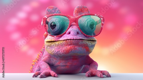 chameleon wearing sunglasses on a solid color background, vector art, digital art, faceted, minimal, abstract.
 photo