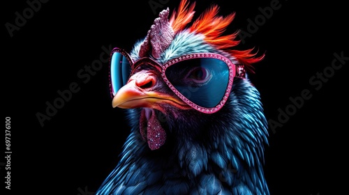 punk chicken wearing sunglasses on a solid color background, vector art, digital art, faceted, minimal, abstract. photo