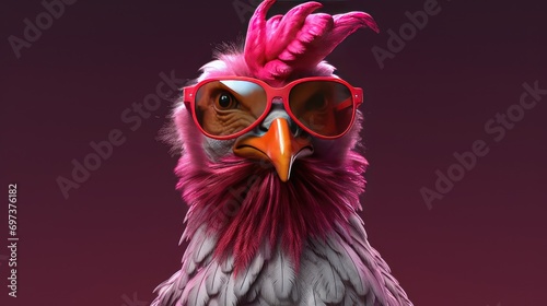punk chicken wearing sunglasses on a solid color background, vector art, digital art, faceted, minimal, abstract.