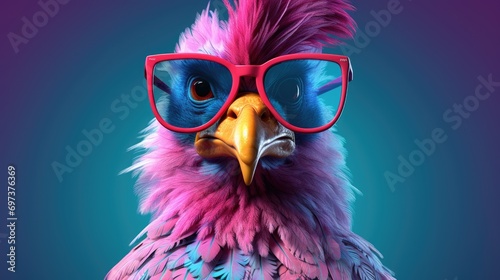 cool cyber punk chicken wearing sunglasses on a solid color background, vector art, digital art, faceted, minimal, abstract. © andrenascimento
