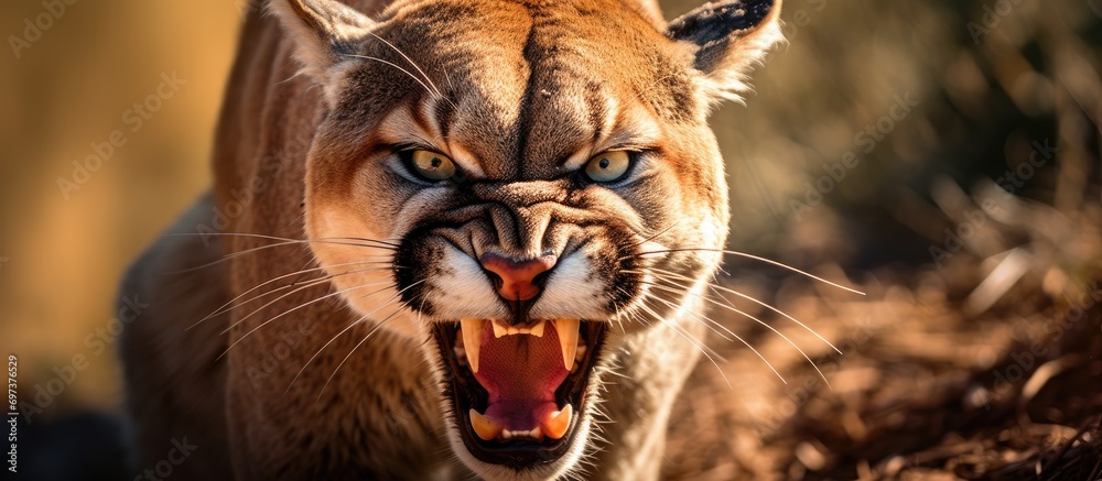 Fototapeta Close-up of an angry mountain lion.