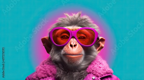 Monkey wearing sunglasses on a solid color background, vector art, digital art, faceted, minimal, abstract.
