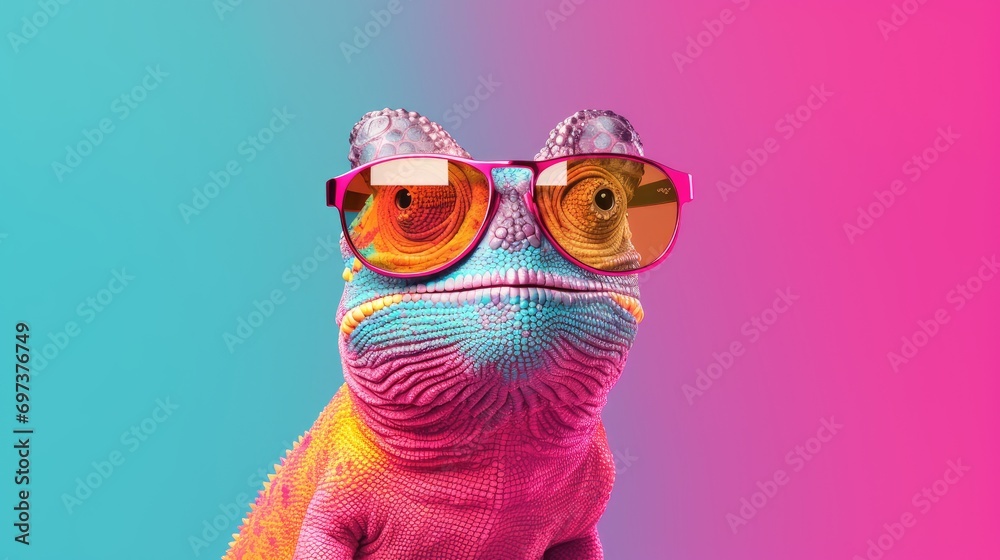 Fototapeta premium chameleon wearing sunglasses on a solid color background, vector art, digital art, faceted, minimal, abstract. 