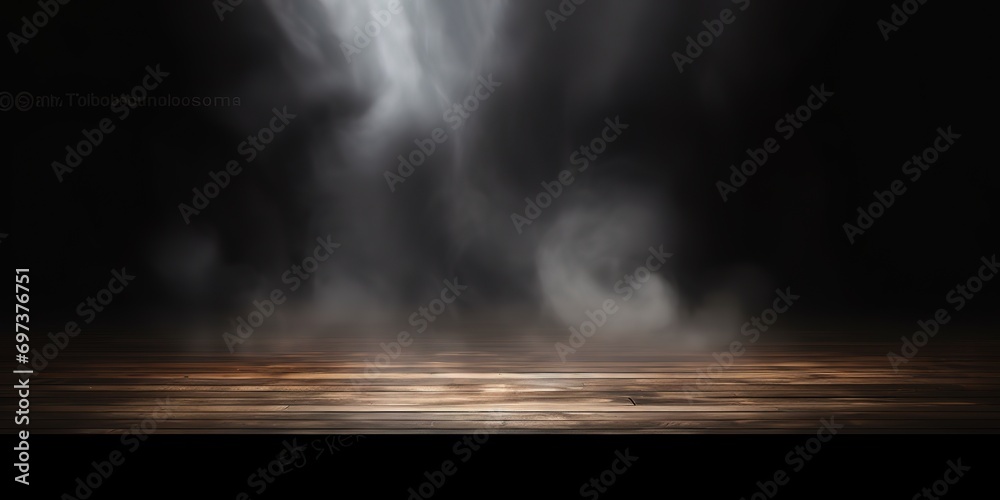 An empty room with a brown wooden floor with a white smoke effect in front of a black wall. generative AI An empty room with a brown wooden floor with a white smoke effect in front of a black wall. generative AI